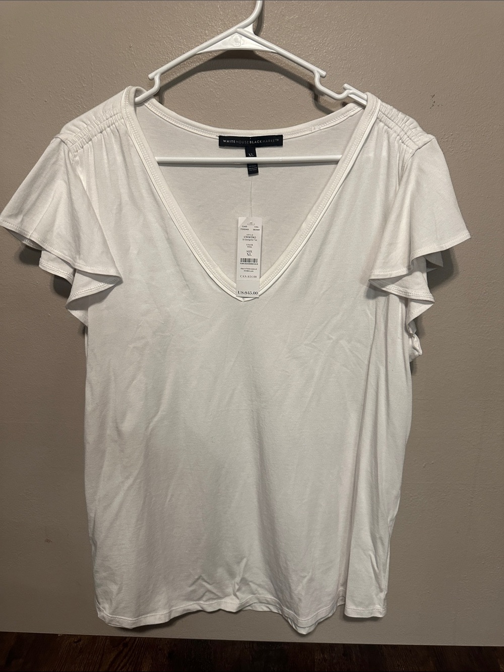White House Black Market White V-Neck Flutter Sleeve Top NWT